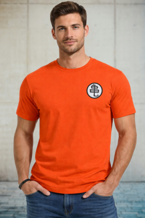 Model wearing Dragon Ball Turtle Hermit Symbol embroidered t-shirt front view